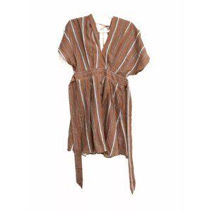 Shein Womens Beige White Polyester Dress Striped V-Neck Short Kimono Sleeve S